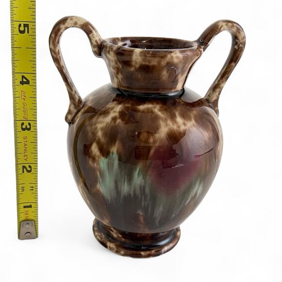 Brown Drip Glaze Ceramic Vase Art Pottery Double Handle Glossy 5 Inch Tall Vtg - Picture 14 of 15